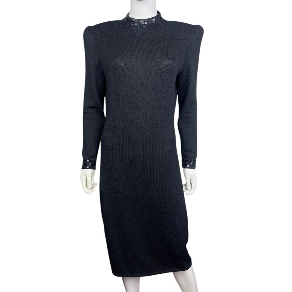 St John by Marie Gray Vtg Women's 10 Black Santana Knit Sequin Midi Dress EUC